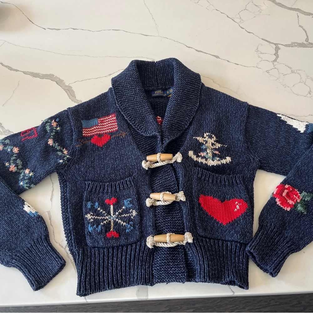 POLO RALPH LAUREN INTARSIA KNIT GRAPHIC LOGO CARDIGAN TOGGLE SWEATER